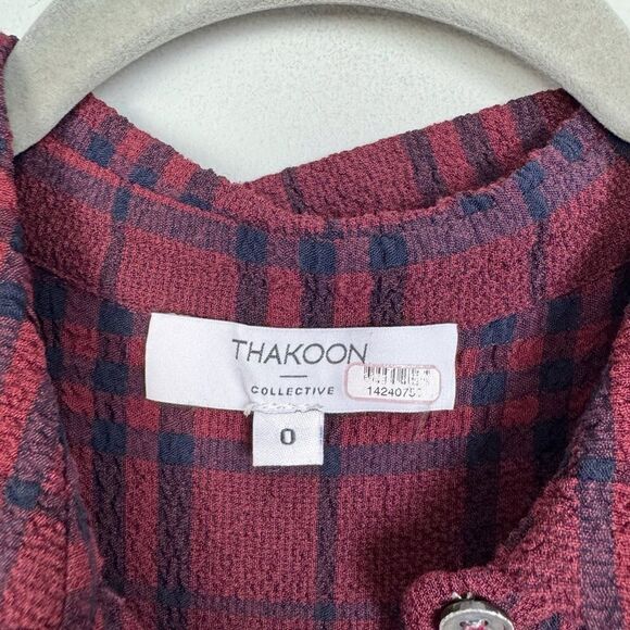 THAKOON COLLECTIVE | Plaid Burgundy & Navy Blue Crepe Shirt Dress Women’s Size 0 - Picture 10 of 14